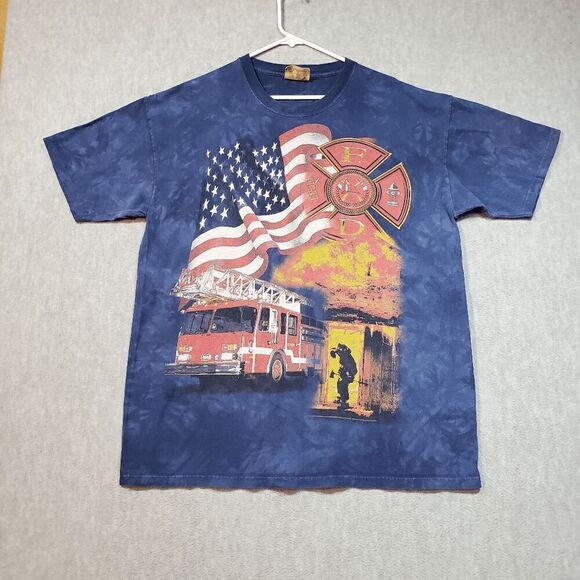 The Mountain Other - 9/11 Firefighter Shirt Mens XL Blue The Mountain Piedye Dept Rescue US Flag Vtg